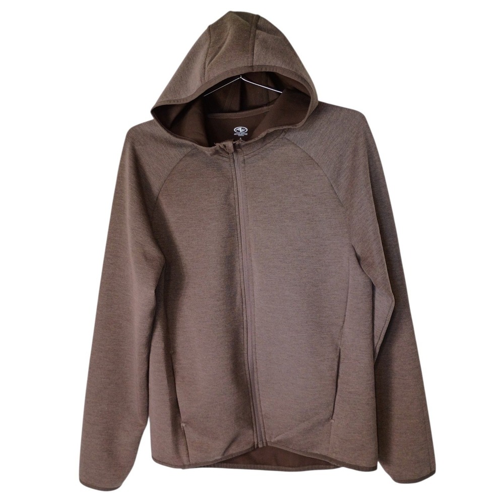 Athletic Works Mens Small Full Zip Hoodie Heather Brown Raglan Sleeve Activewear